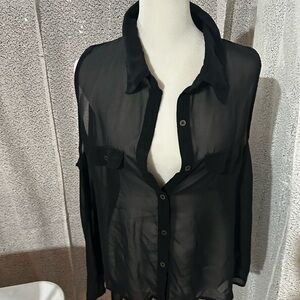 Xhilaration Black Sheer Button-Down Shirt sleeveless. Longer in the back